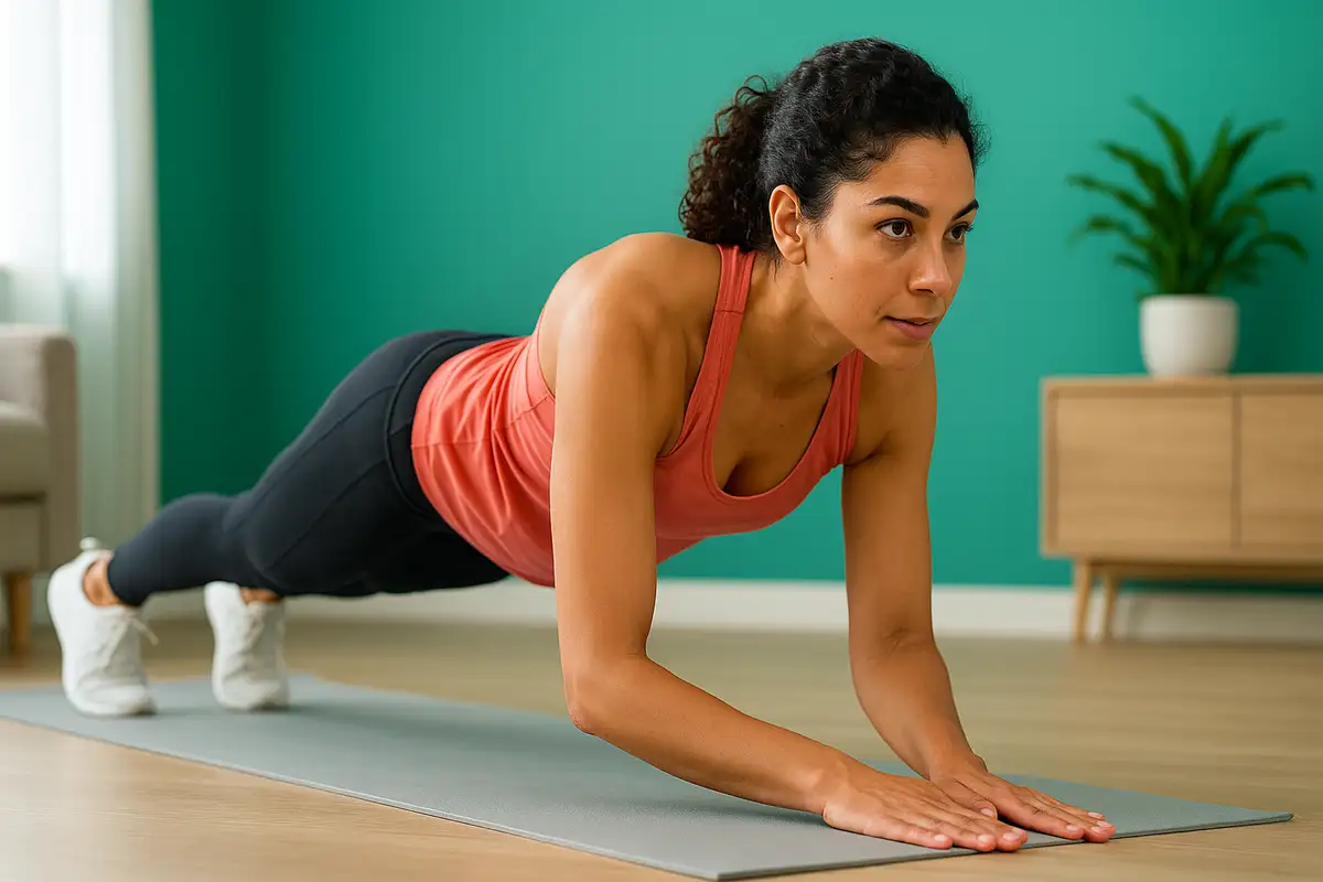 زن در حال انجام پلانک در خانه برای تمرین وزن بدن بانوان