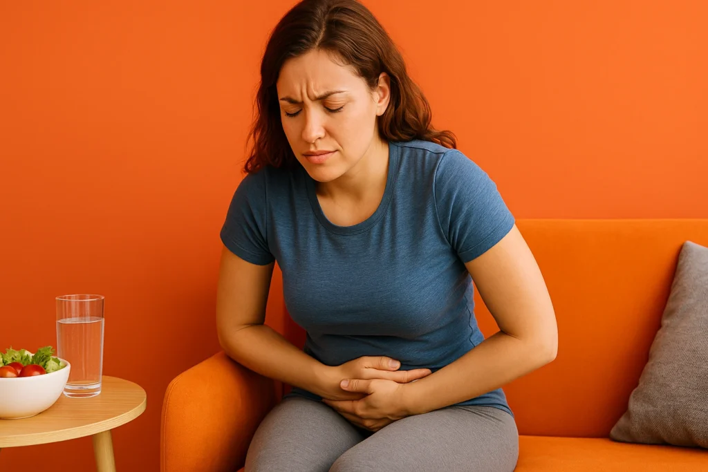 زن در حال تسکین نفخ و مشکلات گوارشی پس از خروج از رژیم کتو