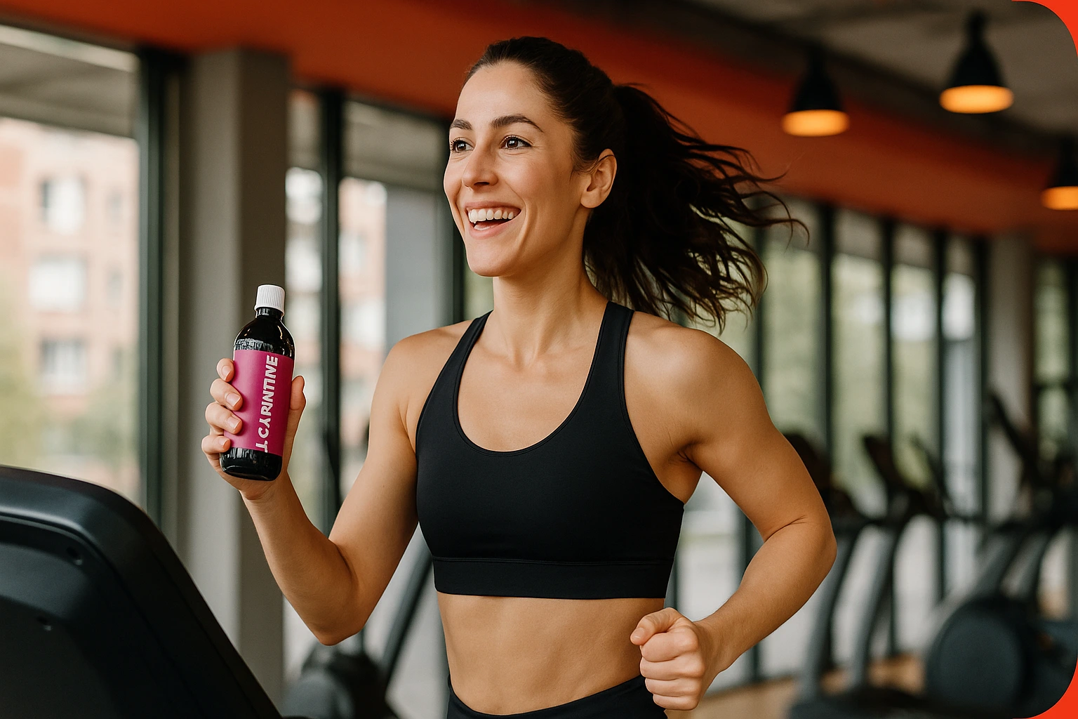 مربی زن در حال تمرین هوازی با بطری مکمل ال کارنیتین برای لاغری بانوان