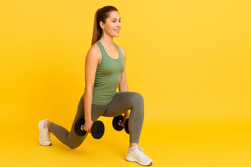 تمرین پایینتنه بانوان مبتدی شامل اسکوات و لانج برای فرمدهی پاها در برنامه بدنسازی سه روز در هفته بانوان مبتدی