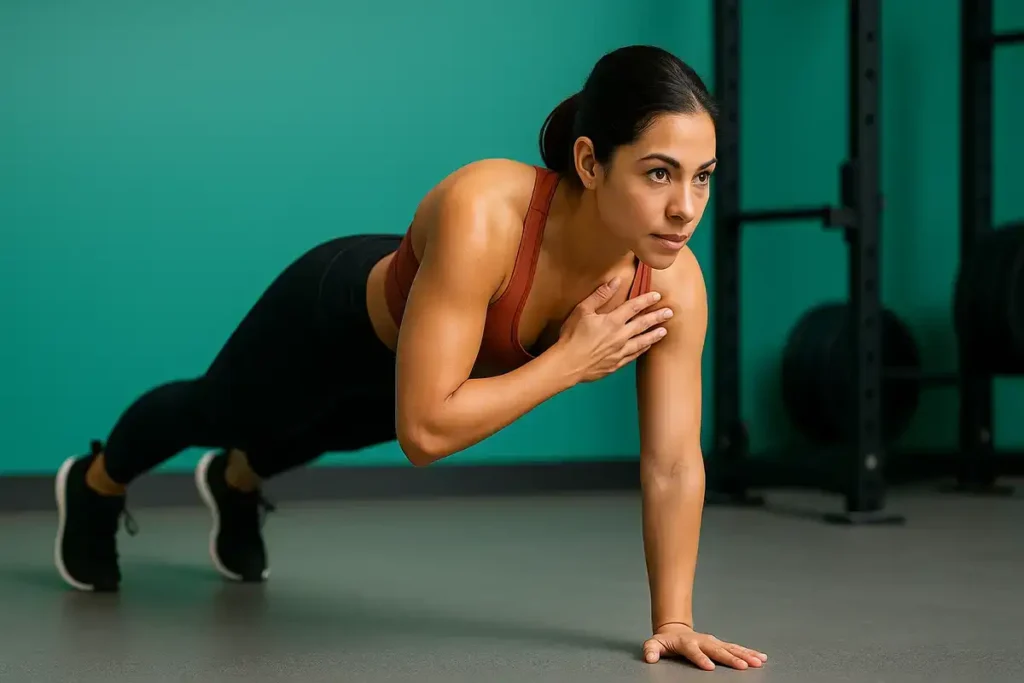 زن در حال انجام حرکت پلانک با لمس شانه برای تقویت میانتنه یکی از سختترین تمرینات وزن بدن بانوان