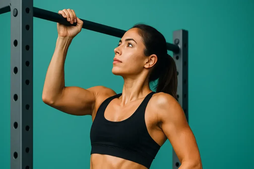 زن در حال انجام پولآپ برای تمرین قدرت بالاتنه یکی از سختترین تمرینات وزن بدن بانوان