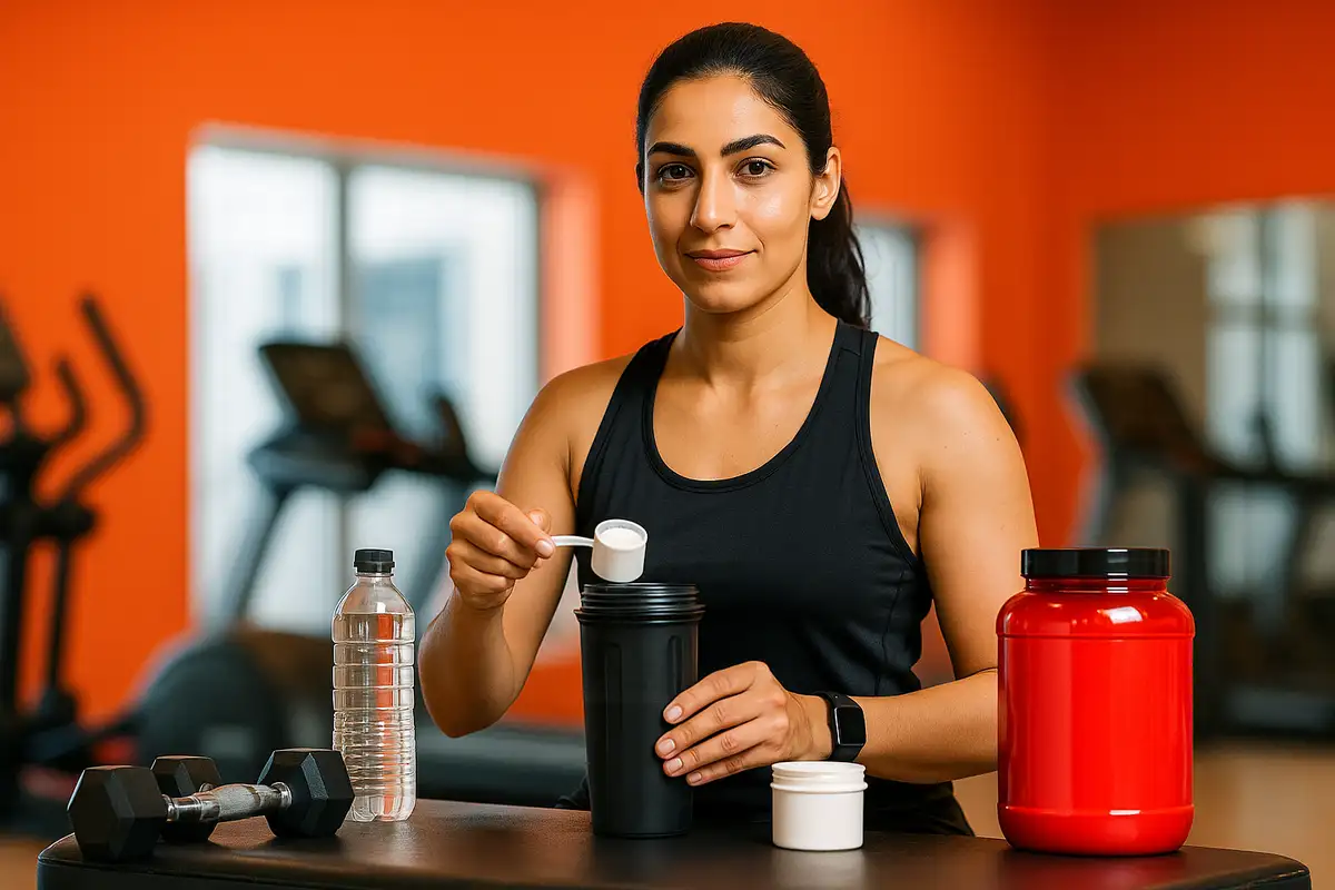 زن ورزشکار در باشگاه در حال آمادهسازی مکملهای قبل و بعد تمرین