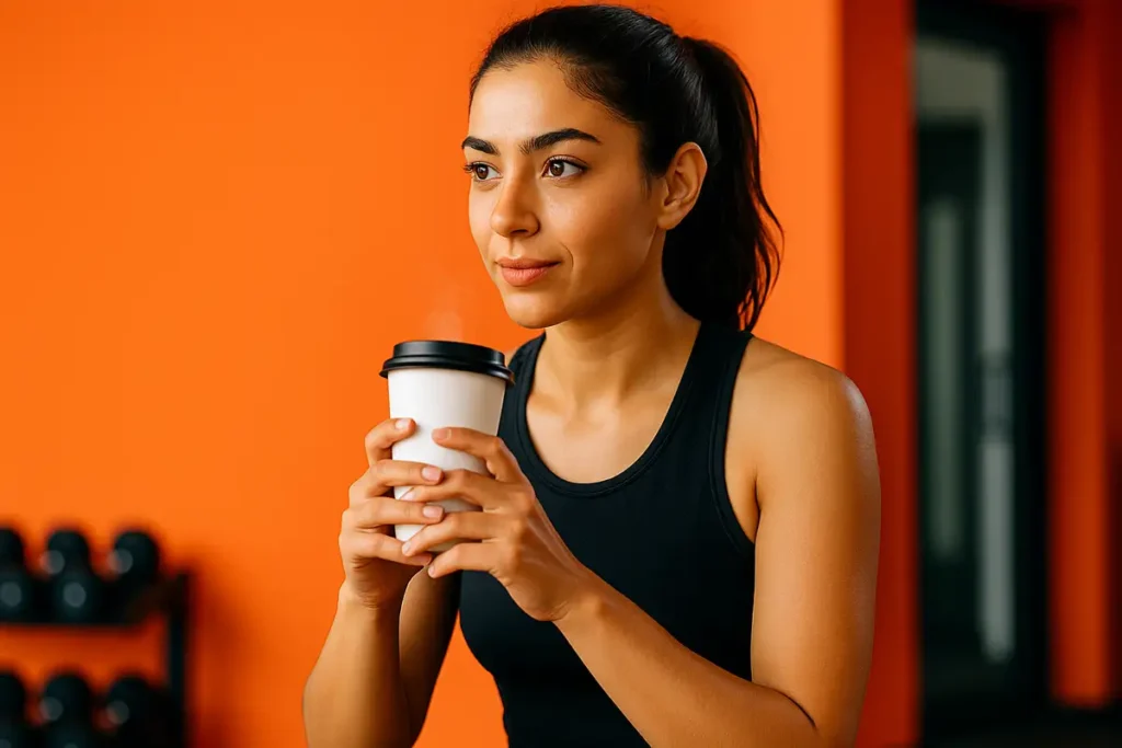 زن ورزشکار در حال نوشیدن کافئین قبل تمرین برای افزایش انرژی