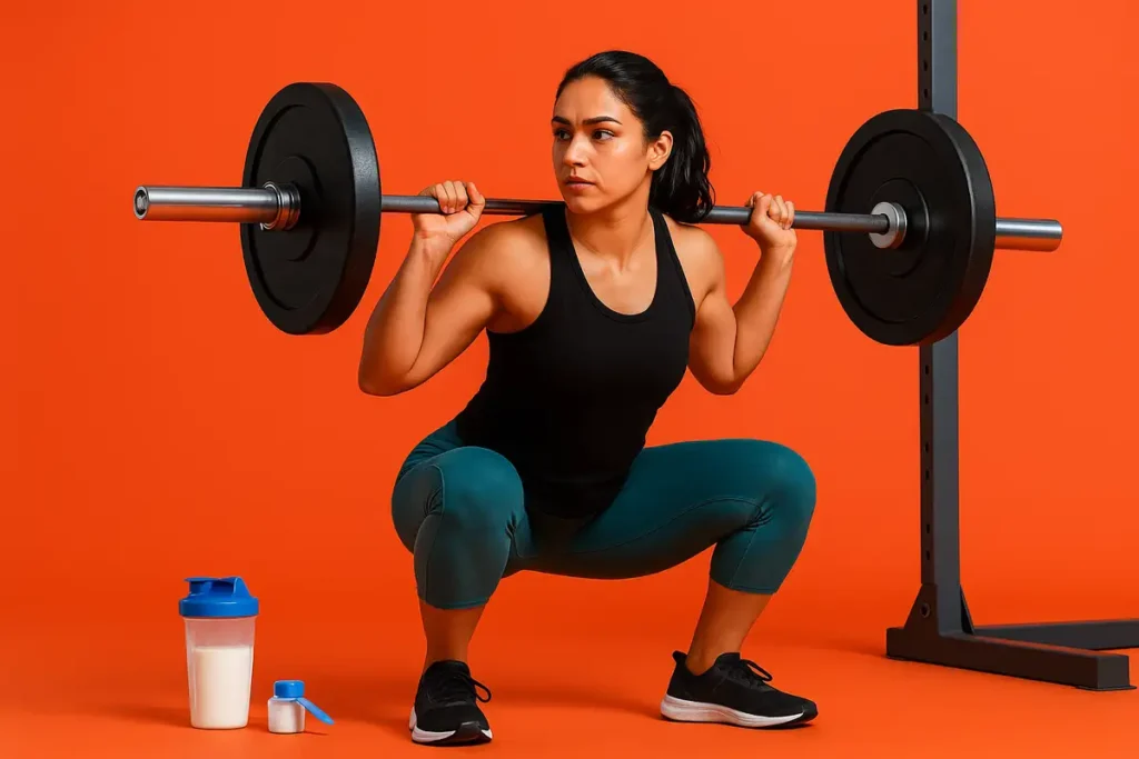 زن ورزشکار در حال اسکوات سنگین پس از مصرف کراتین