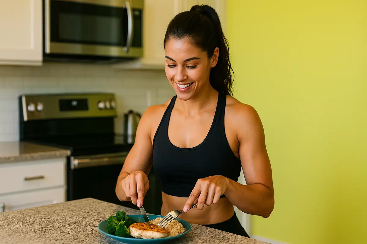 بانوی ورزشکار در حال آمادهسازی برنامه غذایی بدنسازی در آشپزخانه