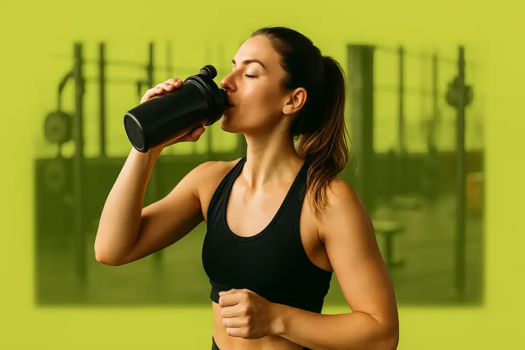 بانوی ورزشکار در حال نوشیدن شیک پروتئین بعد از تمرین
