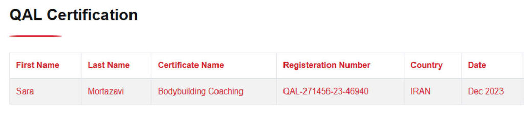 استعلام و تأییدیه رسمی مدرک مربیگری بدنسازی QAL سارا مرتضوی از سایت مرجع؛ تأیید اعتبار بینالمللی مدرک و هویت مربی