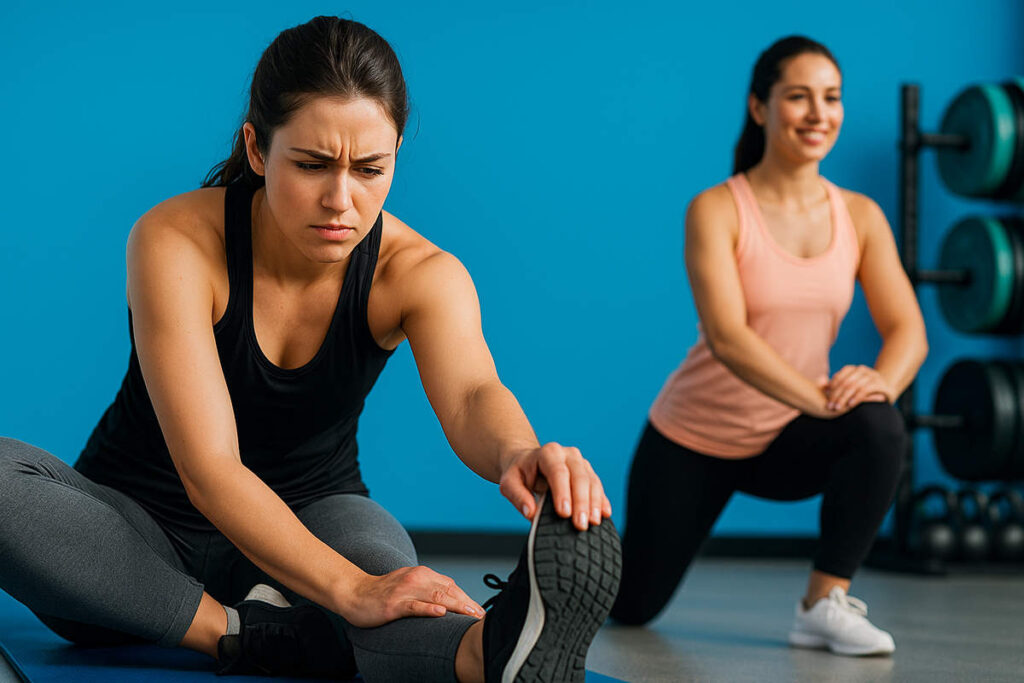 تصویر زن ورزشکار در حال انجام اشتباه رایج در گرم‌کردن در کنار فردی که روش درست را انجام می‌دهد در باشگاه