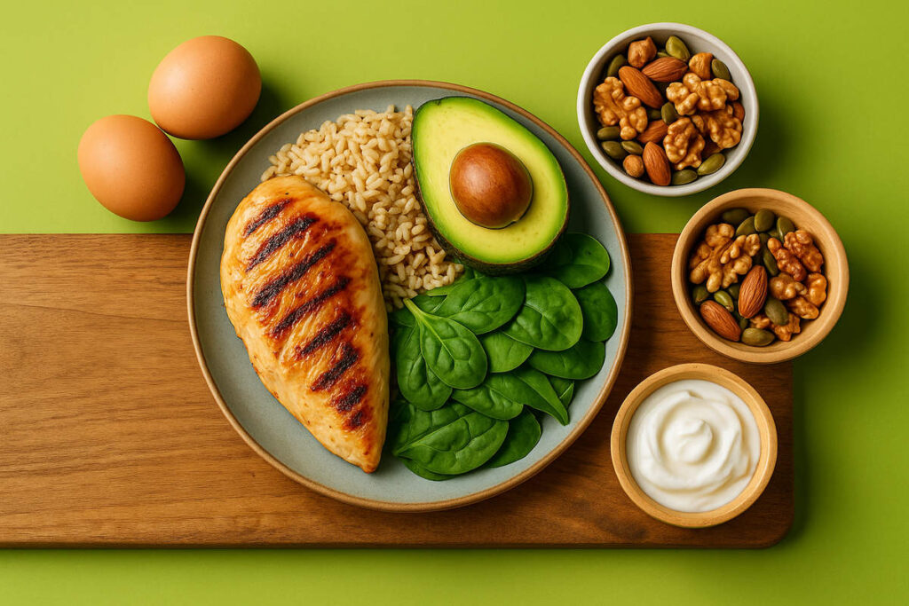 چیدمان زیبای وعدههای سالم شامل مرغ گریل، آووکادو، برنج قهوهای و سبزیجات برای رژیم زنان بالای ۴۰ سال