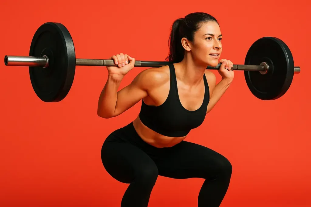 زن ورزشکار در حال اسکوات با وزنه برای نمایش افزایش قدرت و عملکرد ورزشی