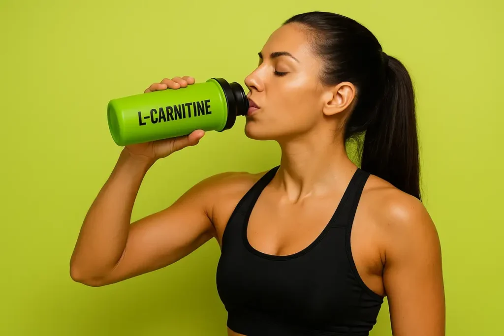 زن ورزشکار در باشگاه در حال نوشیدن مکمل ال-کارنیتین پیش از تمرین با نور گرم و حالوهوای پرانرژی