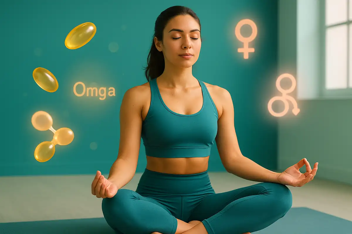 زن آرام و متعادل در حال مدیتیشن با نمادهای امگا ۳ و هورمونهای زنانه برای نشان دادن تأثیر امگا ۳ بر تعادل هورمونی