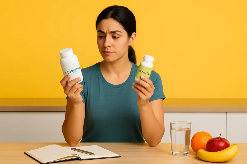 زن ایرانی در آشپزخانه مدرن در حال انتخاب بین انواع مکمل لاغری با حالوهوای طبیعی و روشن