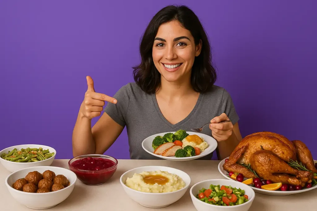 زن در حال انتخاب غذای سالم مثل مرغ و سالاد در میز بوفه مهمانی برای حفظ رژیم غذایی"
