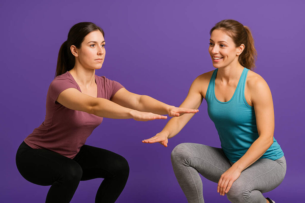 زن ورزشکاری که با سرعت زیاد از حالت اسکوات بالا می‌آید و مربی در حال اصلاح سرعت حرکت اوست