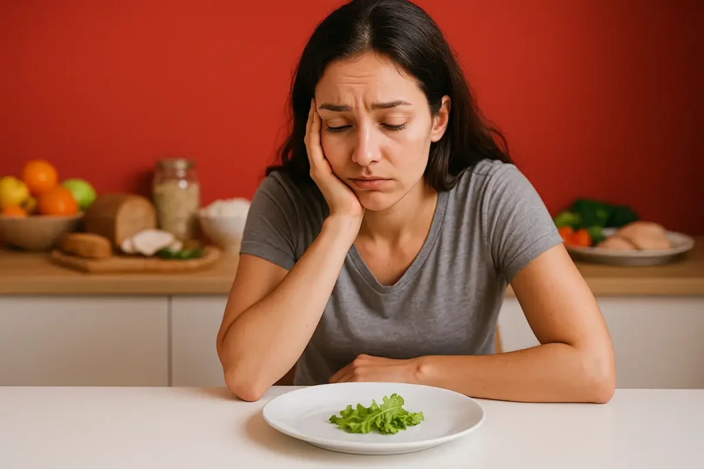 زن جوانی با بشقاب خالی در حال گرسنگی کشیدن برای لاغری در آشپزخانهای روشن