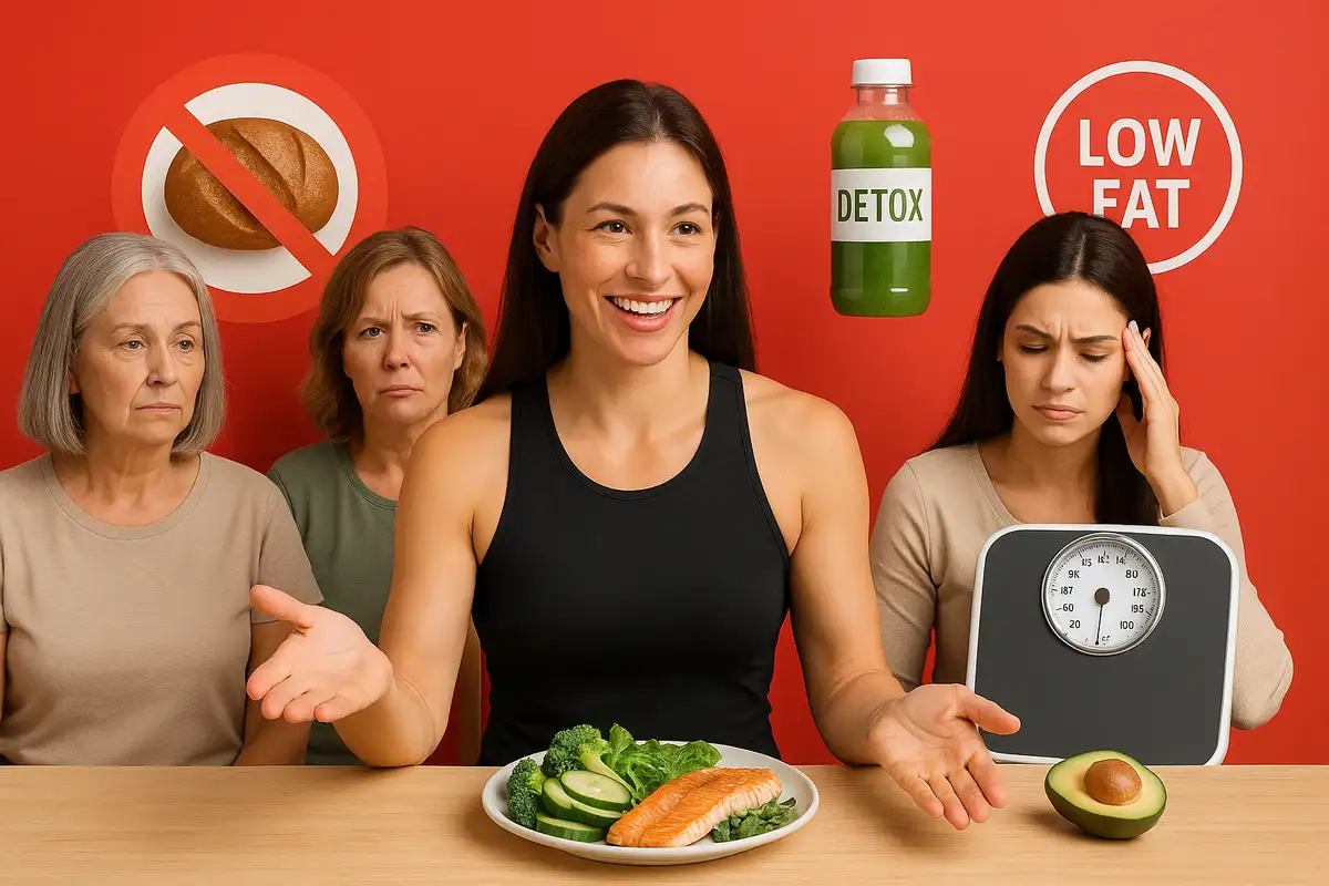 مربی فیتنس زن در حال توضیح باورهای اشتباه تغذیه‌ای به بانوان در فضایی مدرن و آموزشی