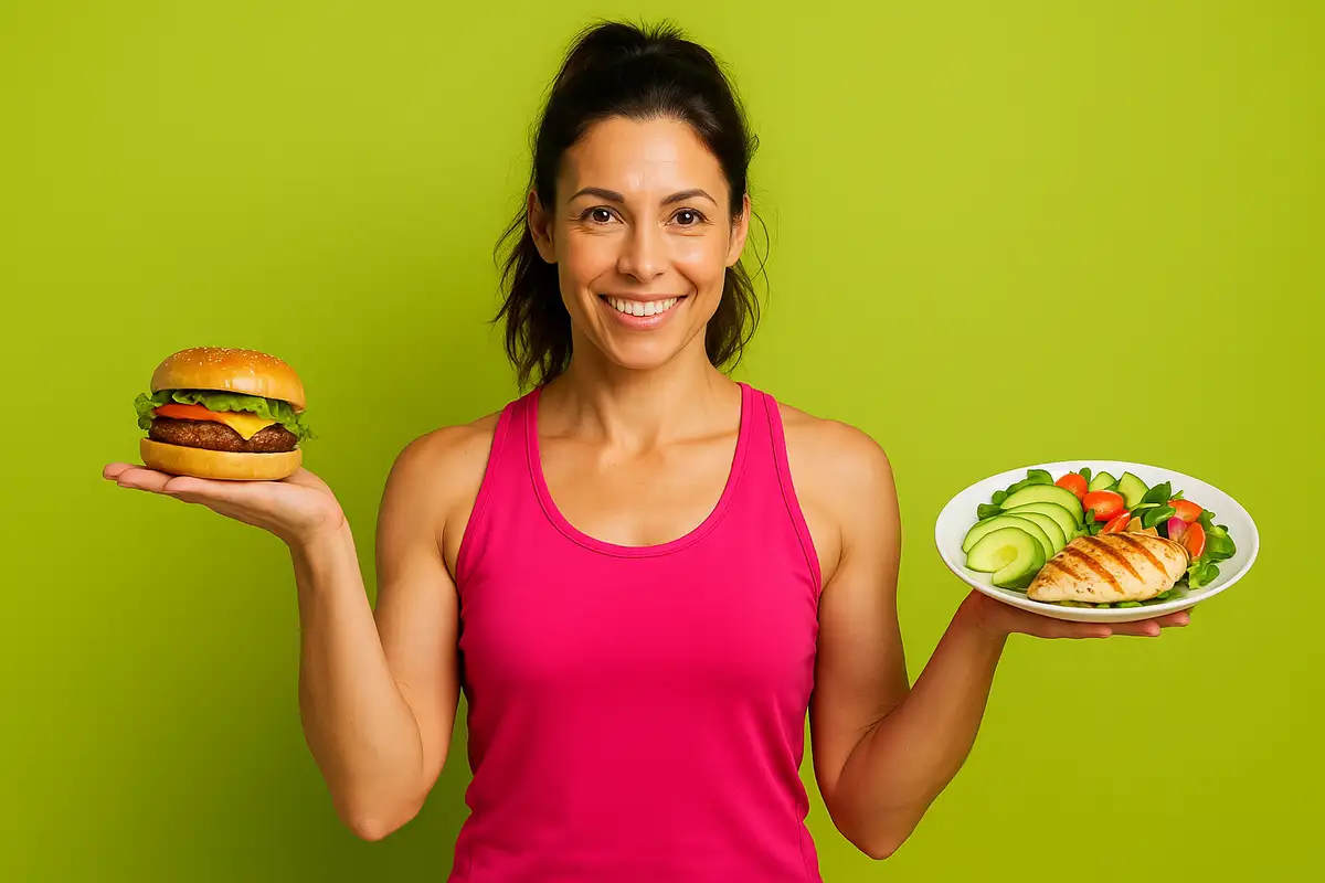 زن ورزشکار با لباس صورتی که در یک دست بدترین غذا که باعث افزایش چربی میشود دارد و در دست دیگر یک بشقاب غذای سالم و رژیمی دارد