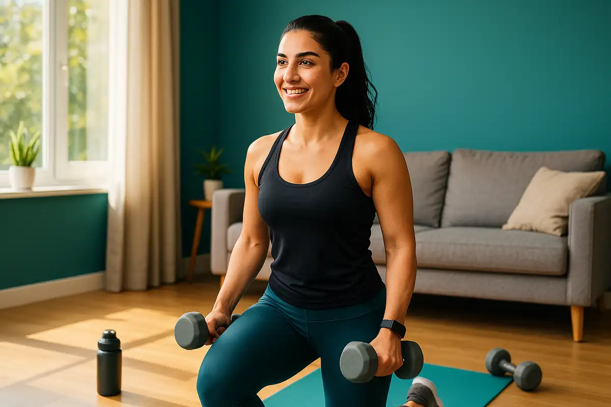 ورزشکار زن در حال تمرین با دمبل در خانه با نور طبیعی و فضای مدرن برای تناسب اندام
