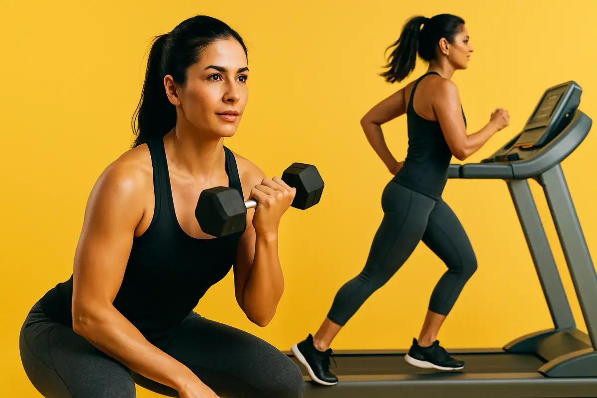 زن ورزشکار در حال انجام تمرین ترکیبی قدرتی و هوازی در باشگاه برای کاهش وزن سریع