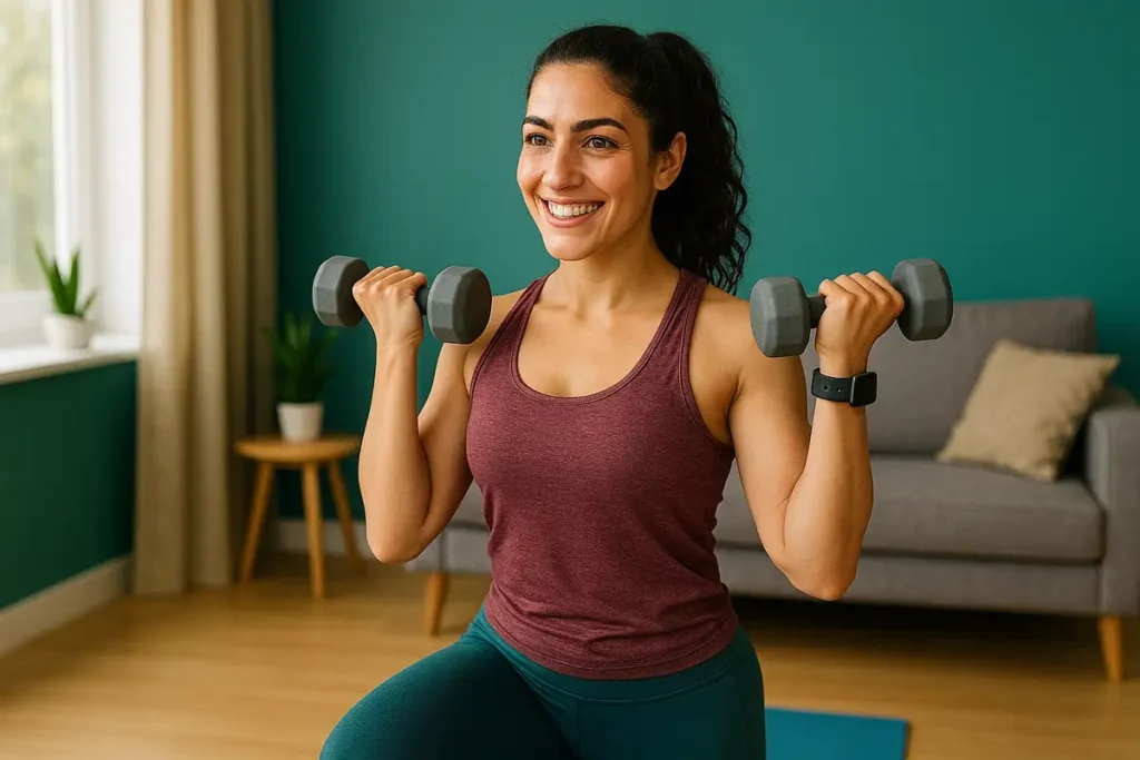 زن ورزشکار در حال اجرای برنامه تمرین با دمبل در خانه