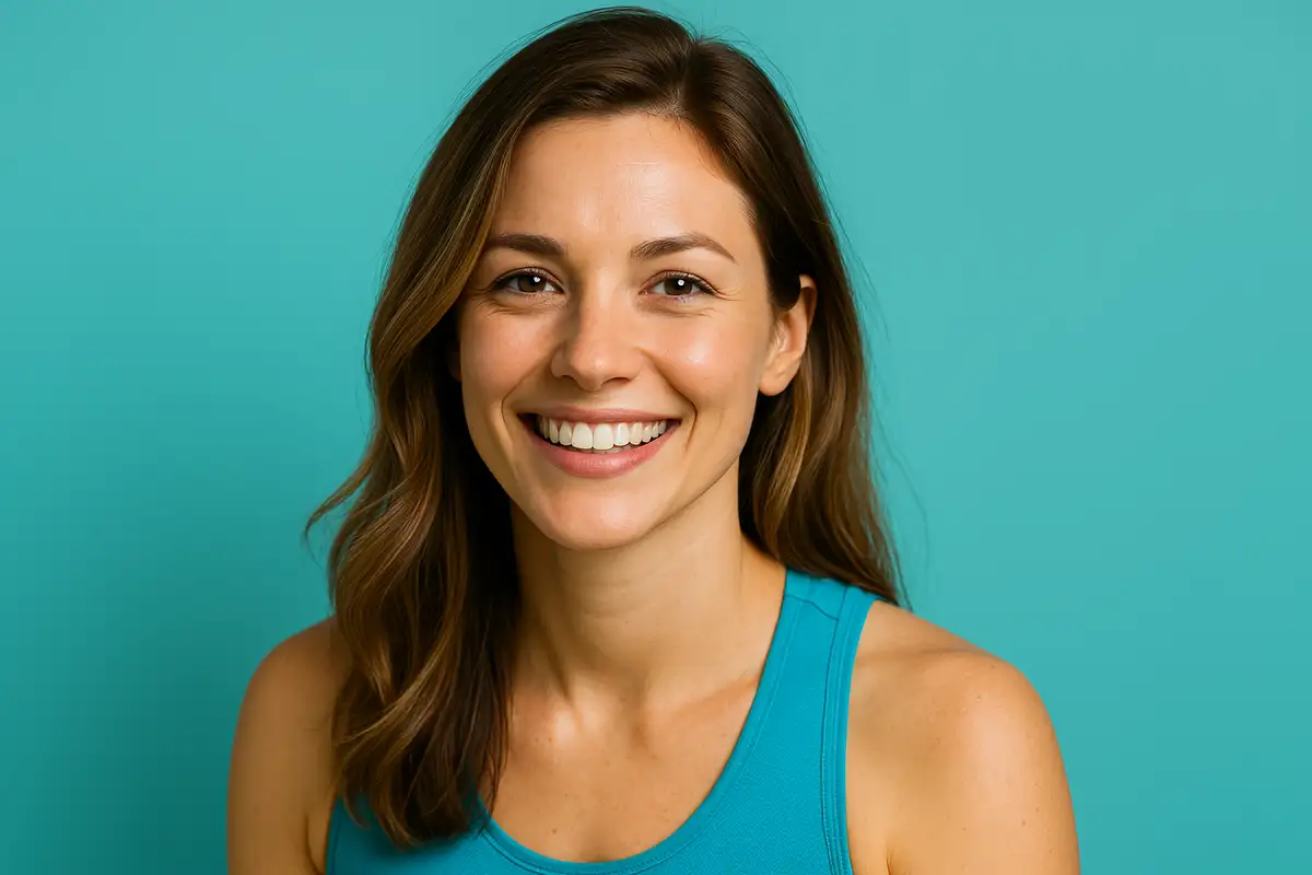 زن خوشحال در حال لبخند زدن با تمرکز ذهنی و انرژی بالا