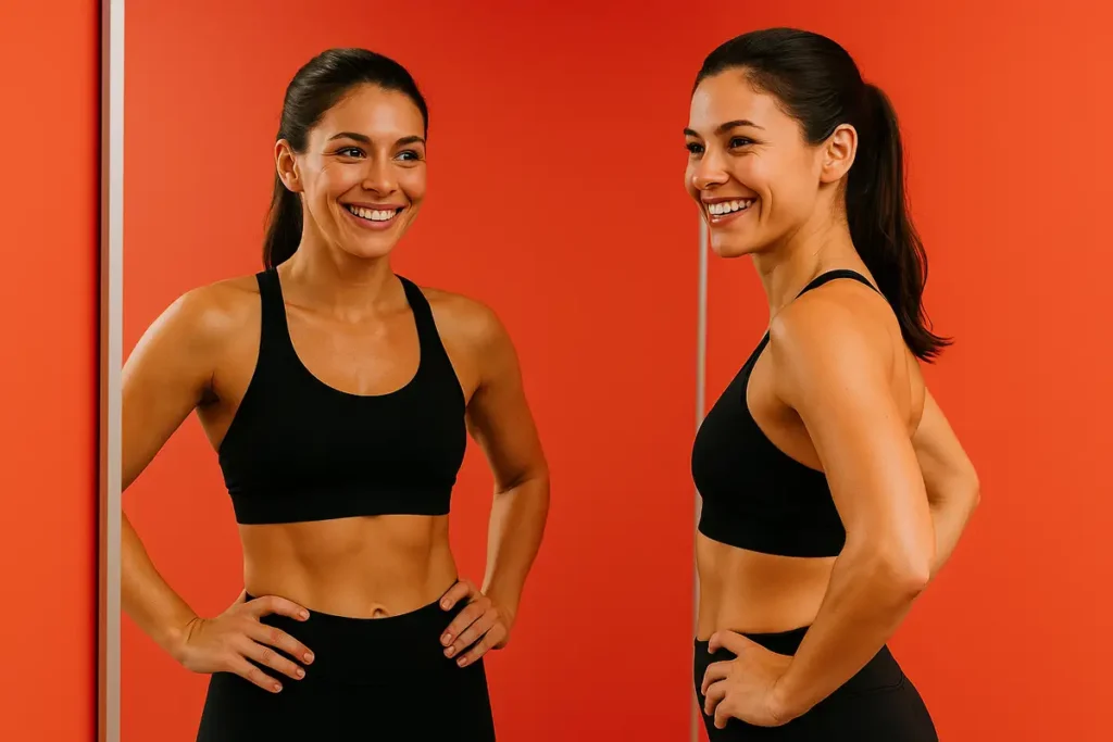 زن ورزشکار در حال نگاه کردن به اندام خوشفرم خود در آینه باشگاه بدون پف یا چاقی