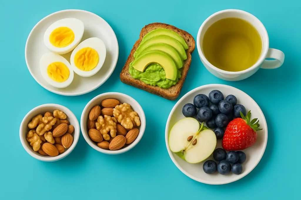 چیدمان صبحانه سالم شامل تخممرغ، آووکادو، مغزها و چای سبز برای افزایش تمرکز زنان