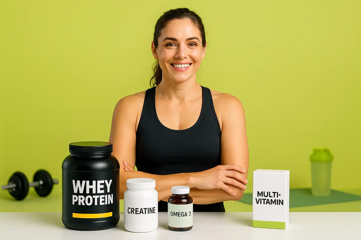 مربی زن فیتنسکار در باشگاه مدرن با مکملهای ورزشی شامل پروتئین وی، کراتین، امگا۳ و مولتیویتامین روی میز