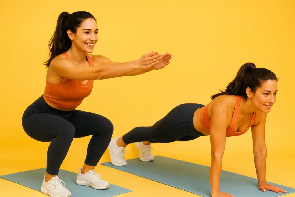 خانم ورزشکار در حال انجام حرکات اسکوات و پلانک روی مت صبحگاهی در محیط روشن و مینیمال