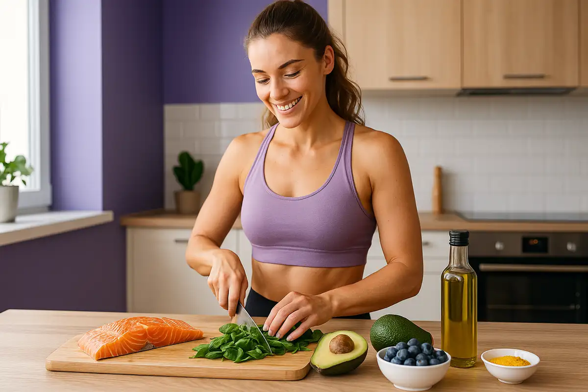 زن ورزشکار در آشپزخانه مدرن در حال آماده کردن غذای ضدالتهاب با ماهی سالمون و سبزیجات رنگی