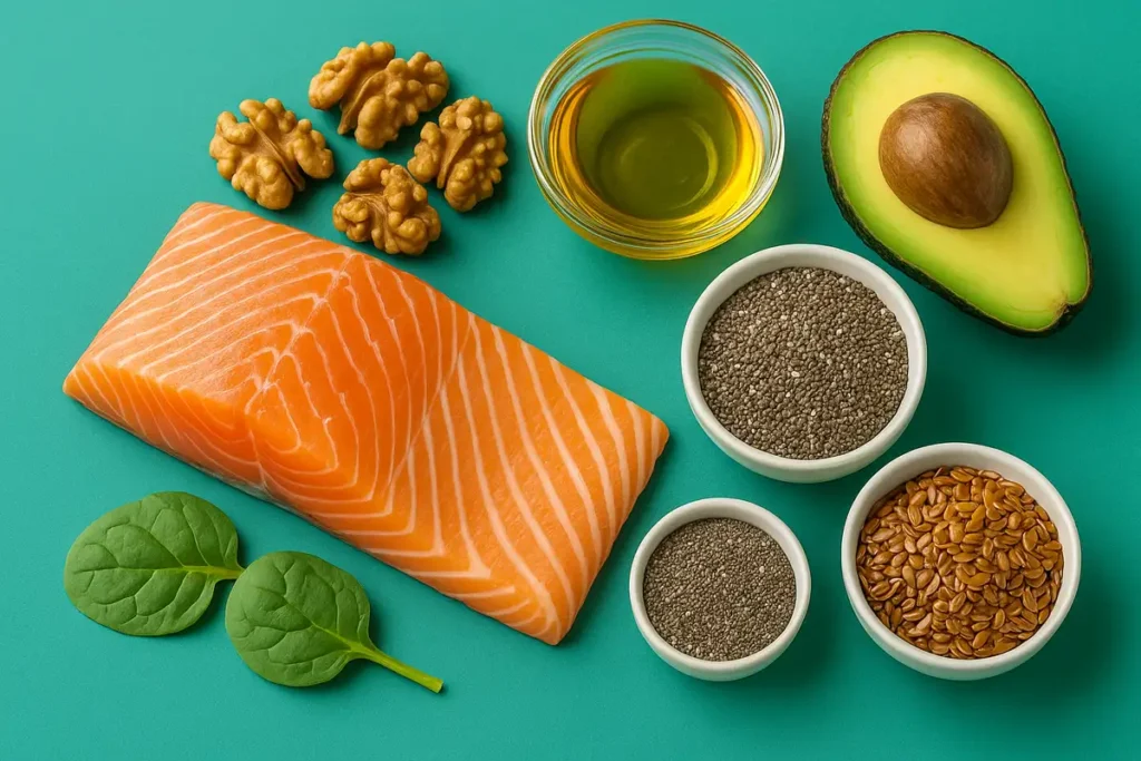 چیدمان زیبا از غذاهای غنی از امگا ۳ مثل ماهی سالمون، گردو، چیا و روغن بذر کتان برای زنان