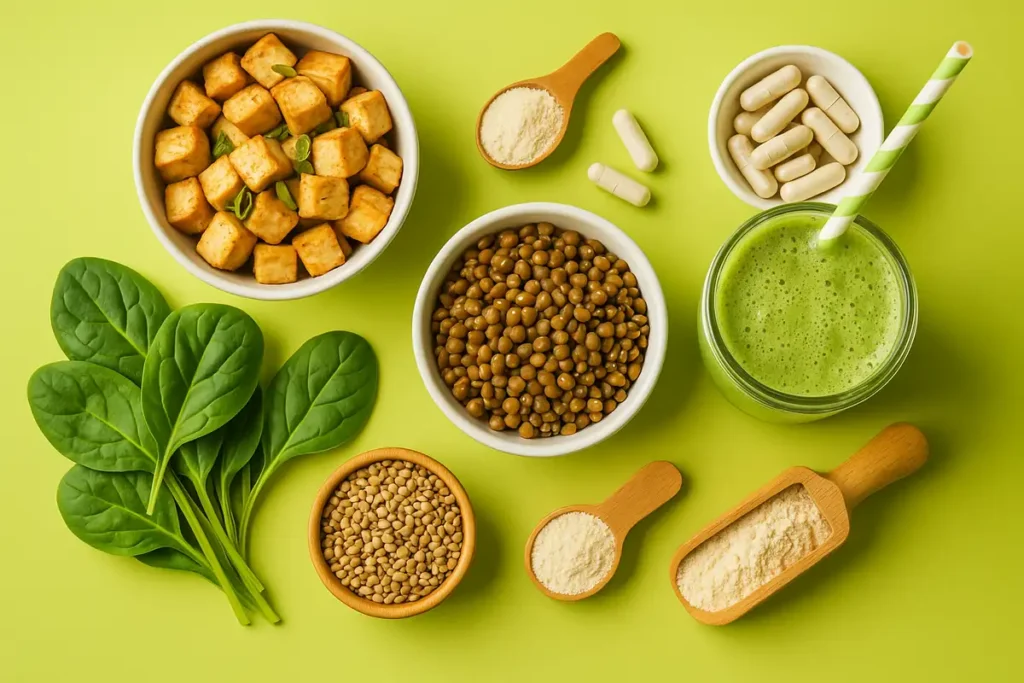 غذاهای گیاهی و مکمل‌های طبیعی شامل توفو، عدس، پودر پروتئین، اسفناج و اسموتی سبز روی پس‌زمینه سبز روشن