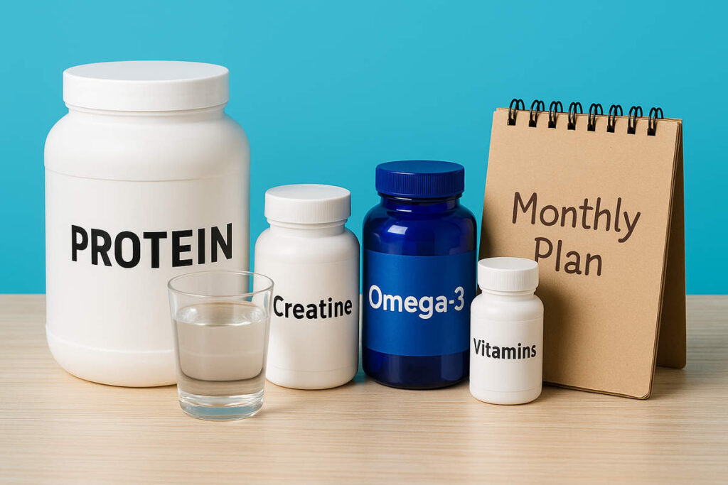 چیدمان مکملهای اقتصادی شامل پروتئین، کراتین، امگا۳ و مولتیویتامین روی میز چوبی بهصورت منظم و حرفهای
