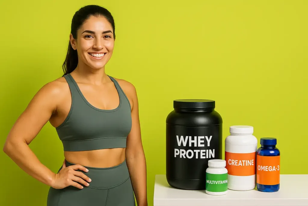 زن فیتنسکار با مکملهای ورزشی شامل وی، کراتین، امگا۳ و مولتیویتامین روی میز در فضای روشن باشگاه خانگی