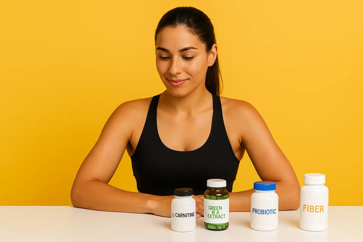 زن ورزشکار ایرانی در حال بررسی مکملهای لاغری روی میز برای مقاله بهترین مکملهای لاغری بانوان