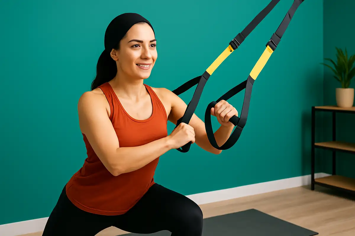 زن ورزشکار در حال تمرین تی آر ایکس برای فرم دهی بدن در خانه