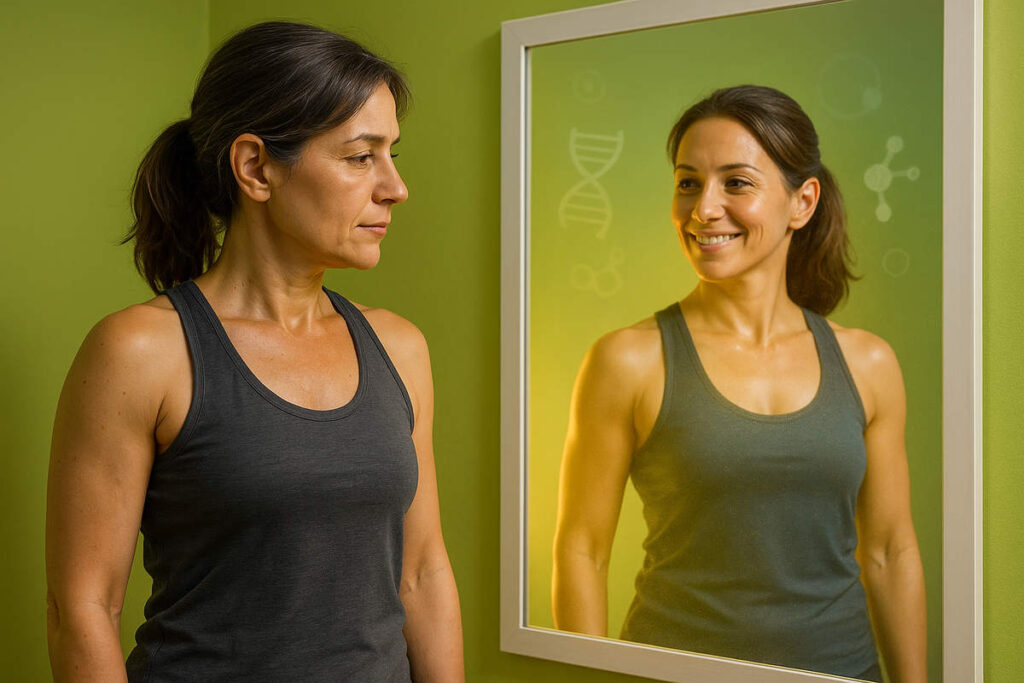 تصویر مفهومی از تغییرات متابولیک و هورمونی در بدن زن بالای ۴۰ سال با پسزمینهٔ نمادهای دیانای و هورمون