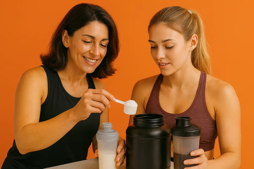 مربی زن فیتنس در حال آموزش نحوه مصرف ایمن مکمل به شاگرد خود در باشگاه