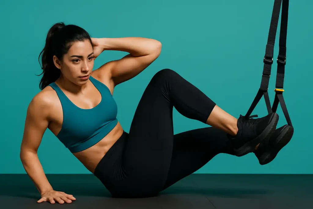 زن ورزشکار در حال اجرای کرانچ مورب تی آر ایکس برای فرم دهی شکم و پهلو