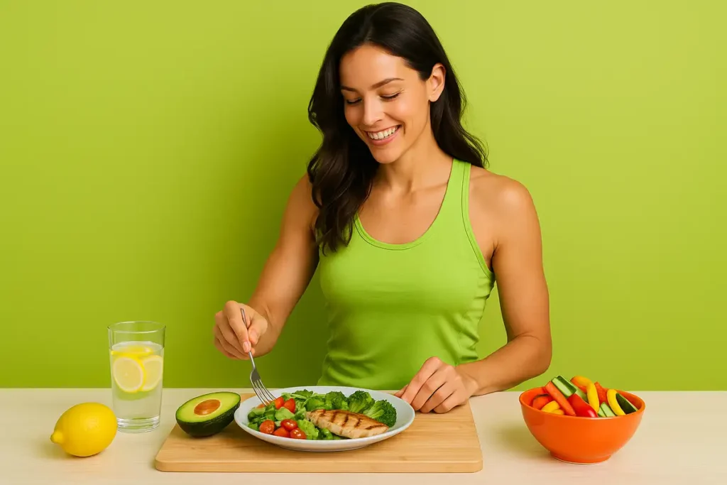 زن سالم و خوشحال در حال آماده‌کردن غذای سالم با سبزیجات و مرغ گریل‌شده برای کاهش چربی شکم