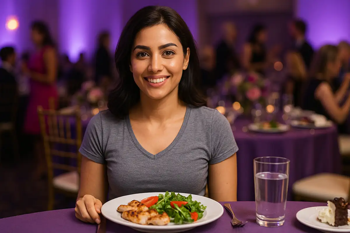 زن ایرانی در مهمانی در حال انتخاب غذای سالم برای حفظ رژیم غذایی در جمع خانوادگی