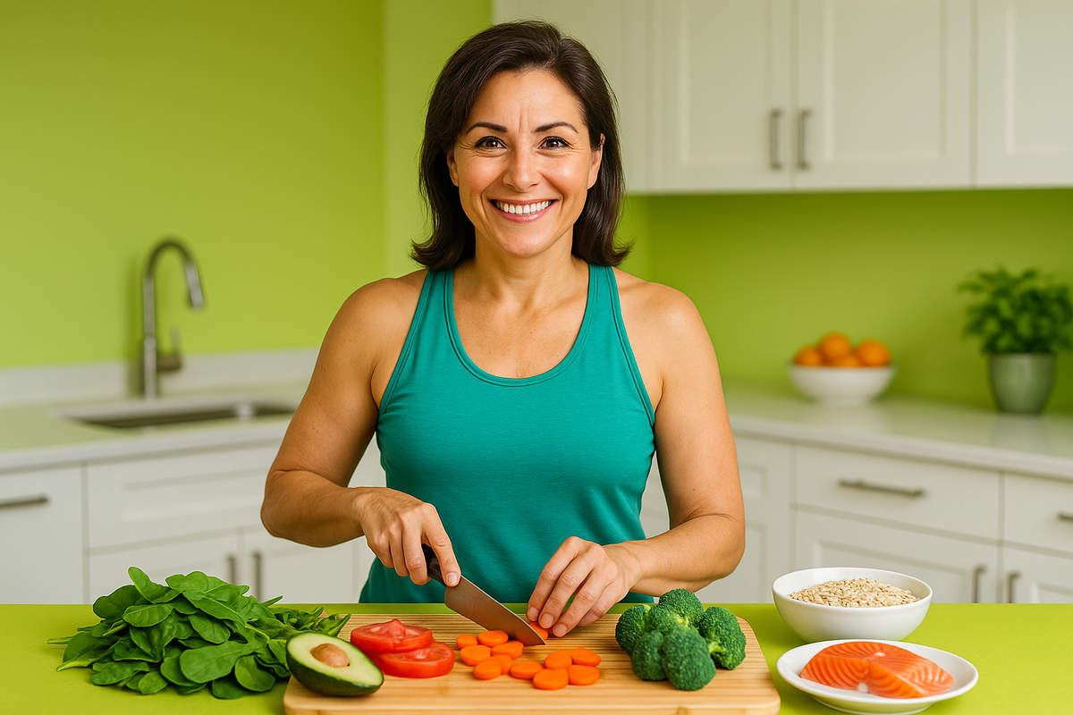 زن ۴۵ ساله در آشپزخانه مدرن در حال آمادهسازی غذای سالم برای رژیم زنان بالای ۴۰ سال