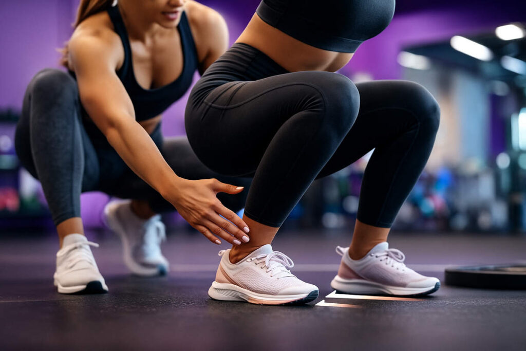 نمای جانبی از خانمی که اسکوات را با جلو رفتن زانوها از پنجه‌ها اشتباه انجام می‌دهد