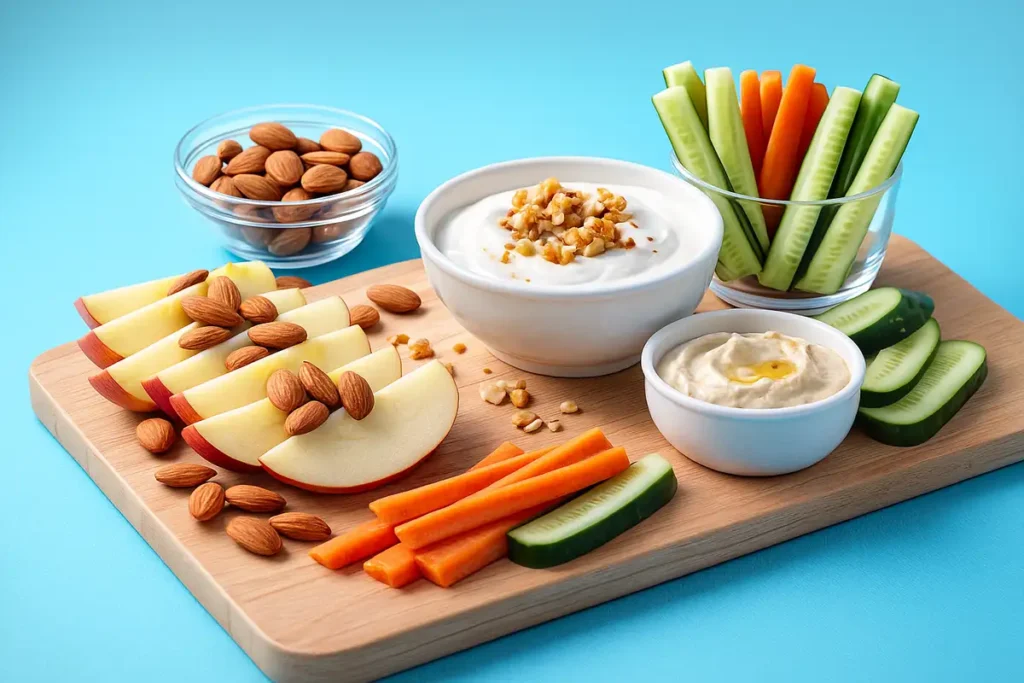 میان‌وعده‌ سالم شامل سیب، بادام، ماست یونانی و هویج برای افزایش انرژی بانوان