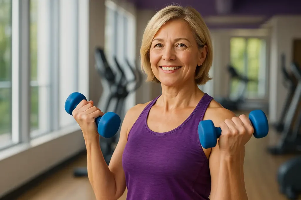 زن میانسال در حال تمرین با دمبل برای تقویت استخوانها در باشگاه روشن و مدرن