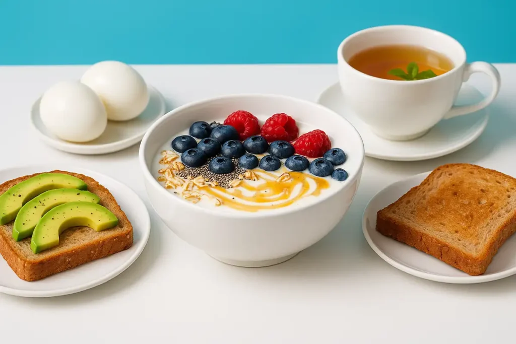 صبحانه سالم شامل ماست یونانی، میوه، نان سبوسدار و تخممرغ برای رفع خستگی