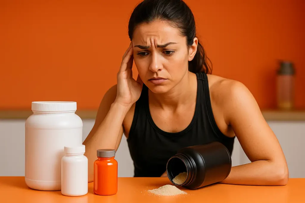 زن ورزشکار نگران در حال نگاه به مکملهای ورزشی روی میز