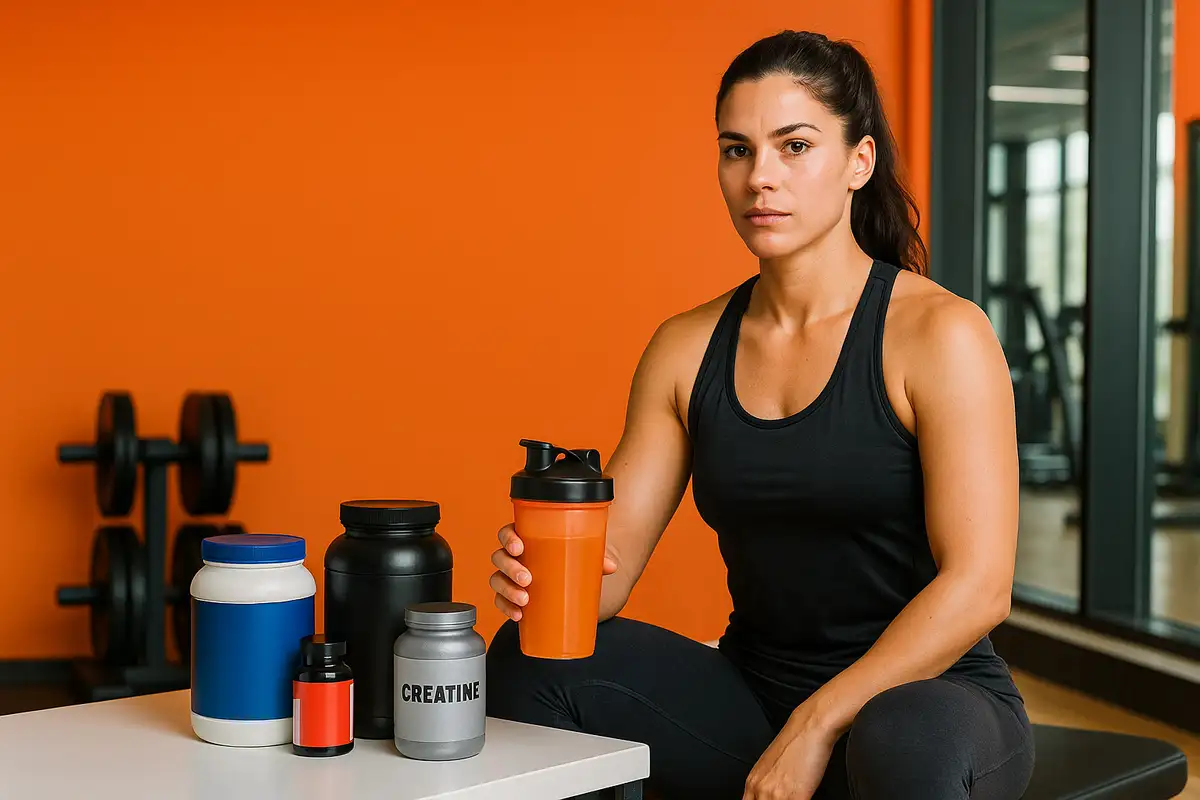 زن ورزشکار در باشگاه در حال بررسی مکملهای بدنسازی برای بانوان